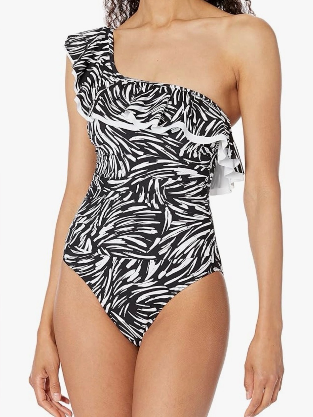 Profile by Gottex Women's Black Swan One Shoulder Ruffle One Piece Size 8 NWT